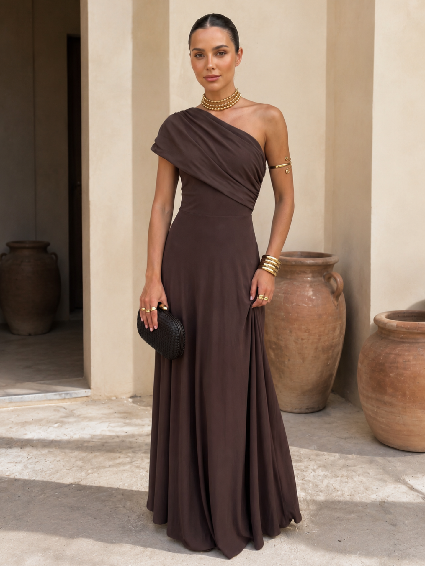 Vestido Largo de Tul Marrón Entallado 1