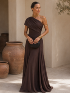 Vestido Largo de Tul Marrón Entallado 2