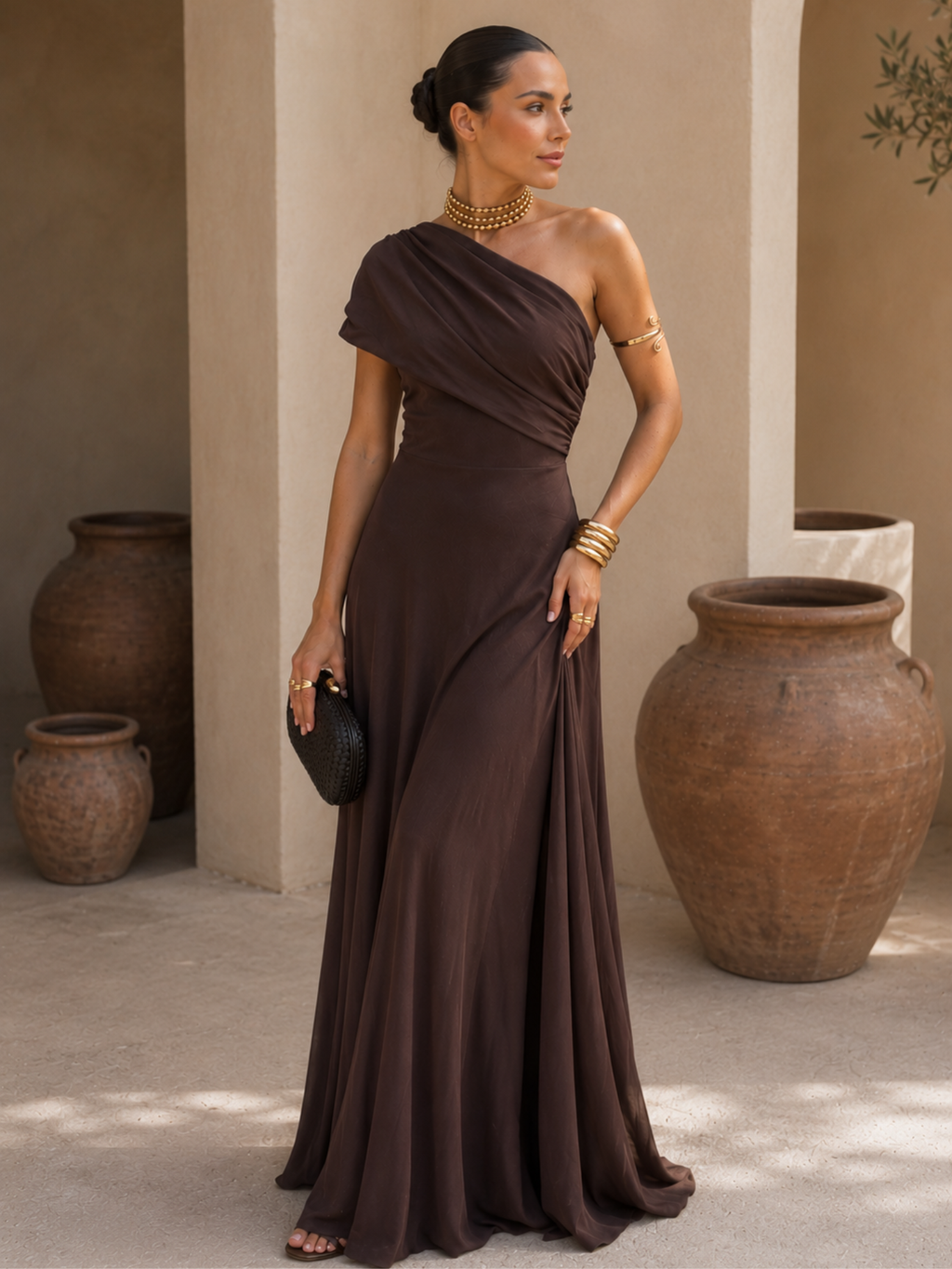 Vestido Largo de Tul Marrón Entallado 3