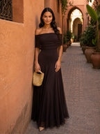 Vestido Largo de Tul Marrón Entallado 5