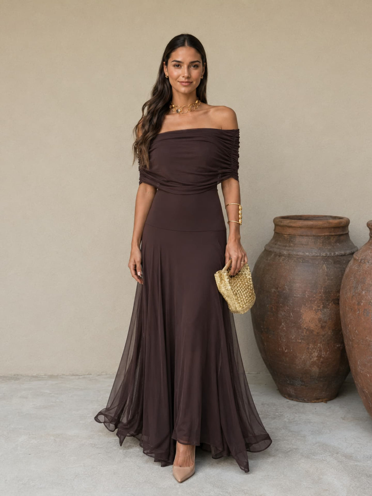 Vestido Largo de Tul Marrón Entallado 7