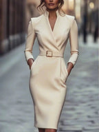 Vestido Midi Cruzado de Otoño con Cinturón – Vestido de Manga Larga que Marca la Cintura para Ocasiones Especiales 1