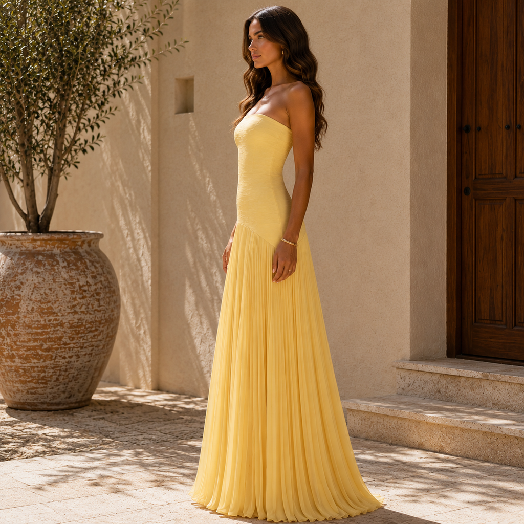 Vestido de Invitada Palabra de Honor con Falda Plisada 6