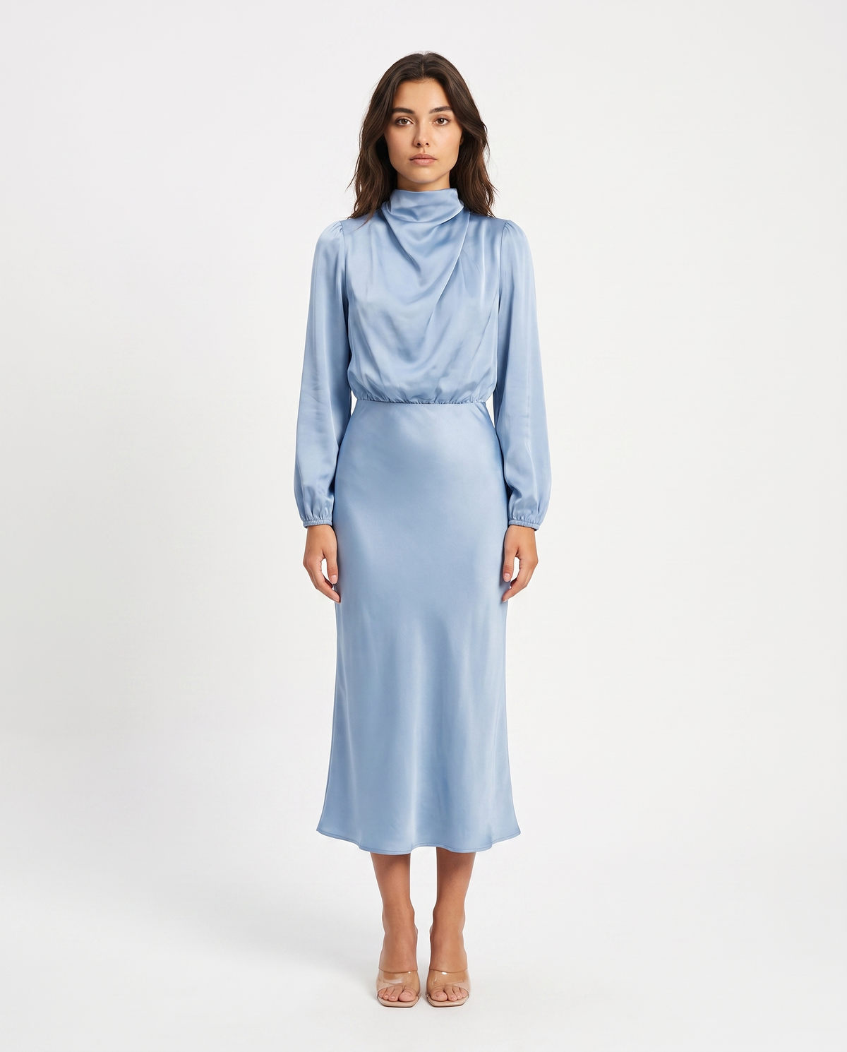 Vestido de Noche Elegante de Satén con Escote Drapeado – Vestido Midi de Manga Larga para Ocasiones Festivas 0