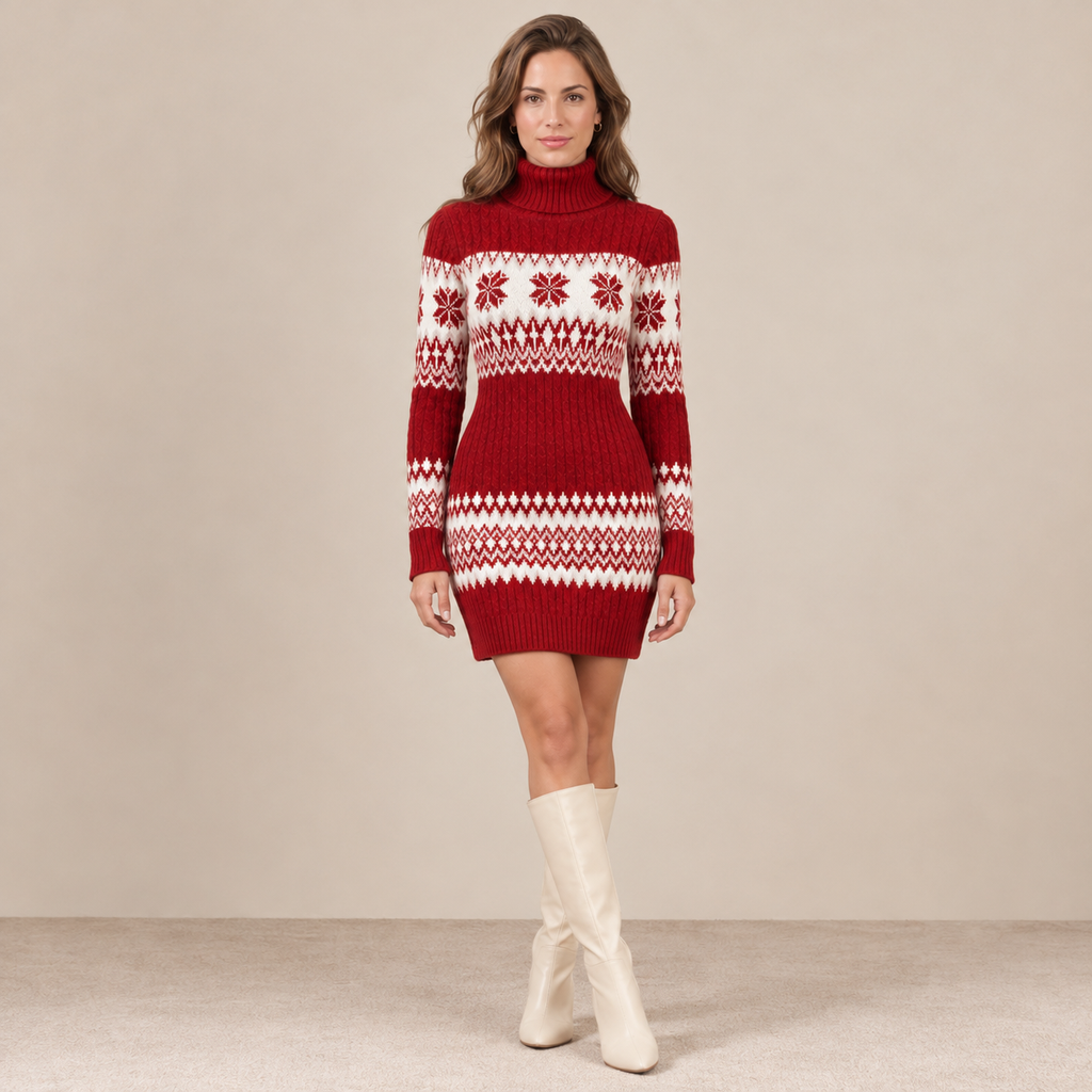 Vestido de punto rojo Fair Isle, cuello alto, mangas largas y corte ajustado