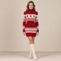 Vestido de punto rojo Fair Isle, cuello alto, mangas largas y corte ajustado