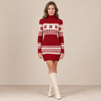Vestido de punto rojo Fair Isle, cuello alto, mangas largas y corte ajustado