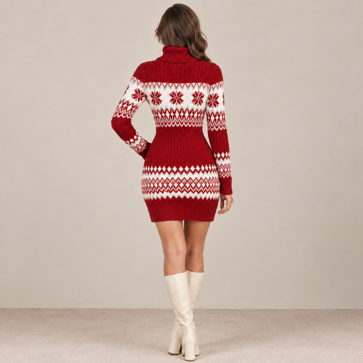 Vestido de punto rojo Fair Isle, vista trasera con mangas largas y falda corta