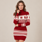 Vestido de punto rojo con cuello alto acanalado y motivos de copos de nieve