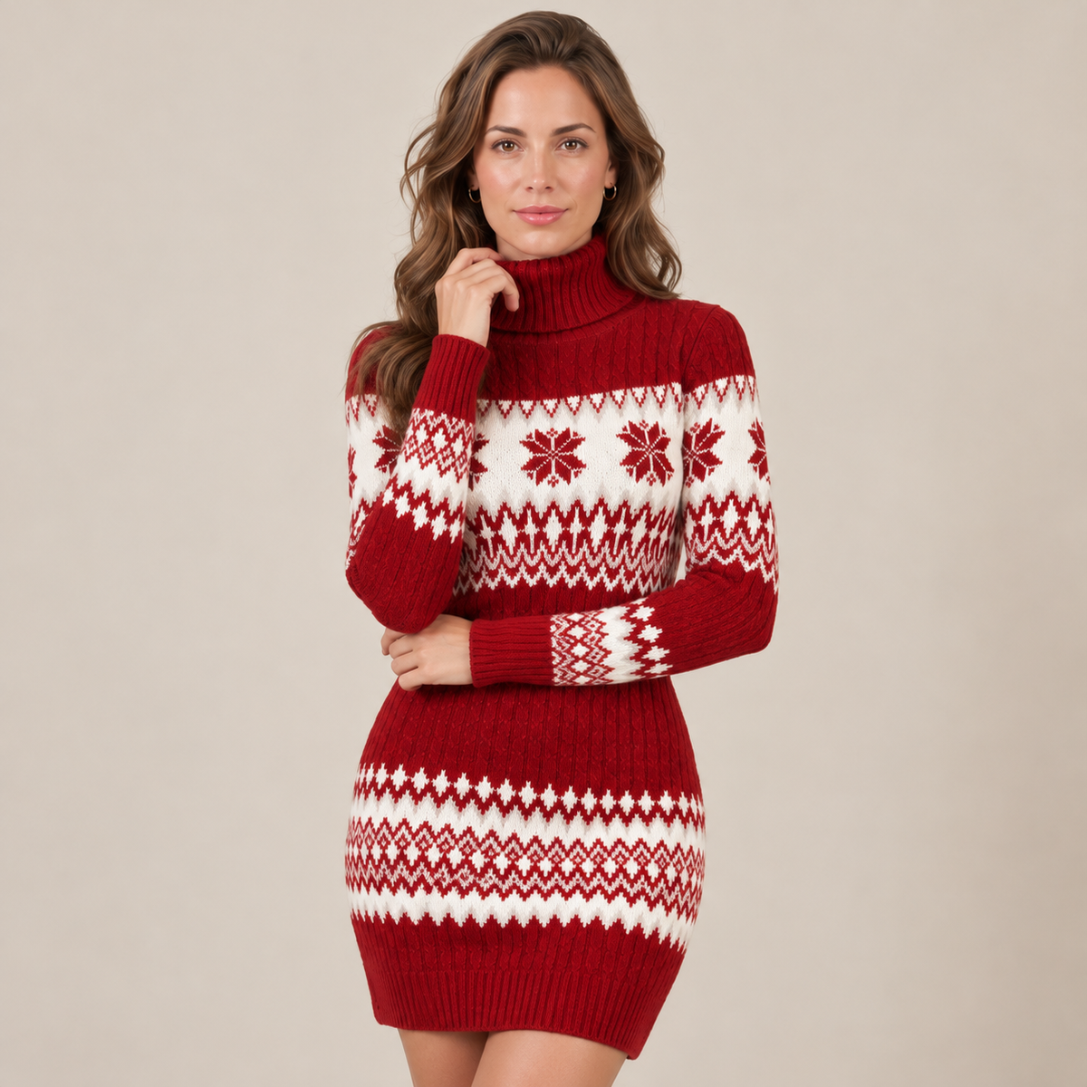 Vestido de punto rojo con cuello alto acanalado y motivos de copos de nieve