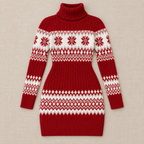 Vestido de punto rojo Fair Isle con mangas largas y cuello alto, extendido