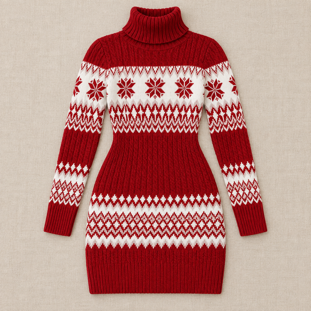 Vestido de punto rojo Fair Isle con mangas largas y cuello alto, extendido