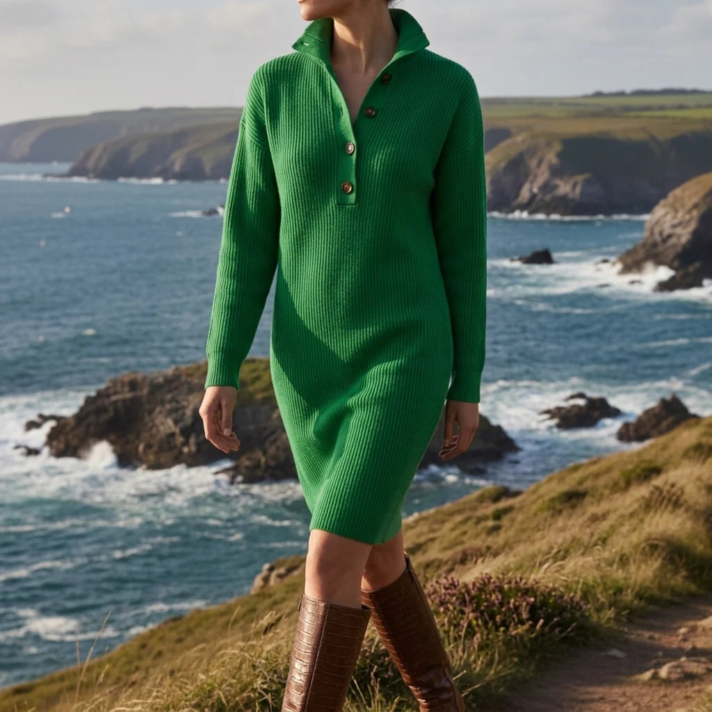 Vestido de Punto con Solapa Abotonada y Bolsillos en Mezcla de Algodón 3