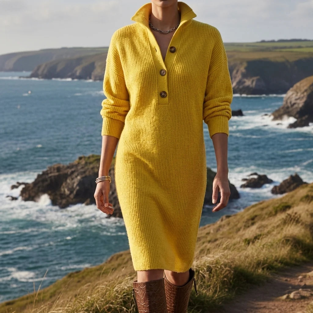 Vestido de Punto con Solapa Abotonada y Bolsillos en Mezcla de Algodón 5