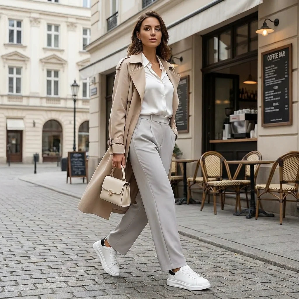 Zapatillas blancas de caña baja con cordones y suela gruesa, con conjunto beige