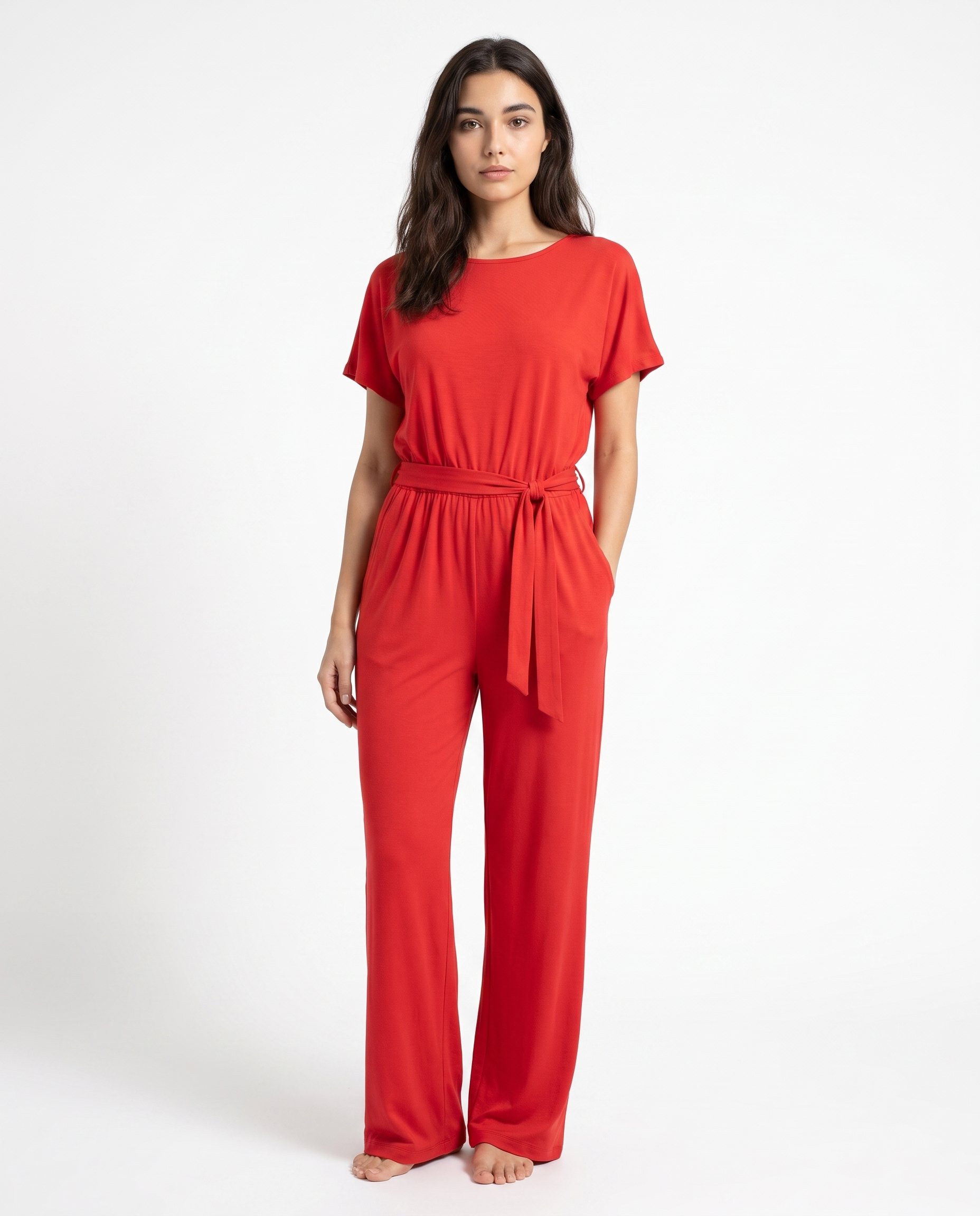 Rode dames jumpsuit met wijde pijpen, korte mouwen en strikceintuur vooraan