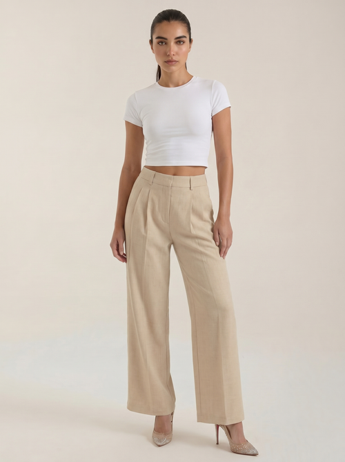 Wijde pantalon met hoge taille en plooien, beige kleur, rechte voorpanden