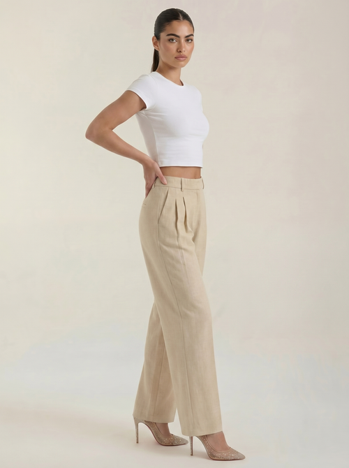 Wijde pantalon met hoge taille en plooien, licht caqui beige, losse rechte pijpen