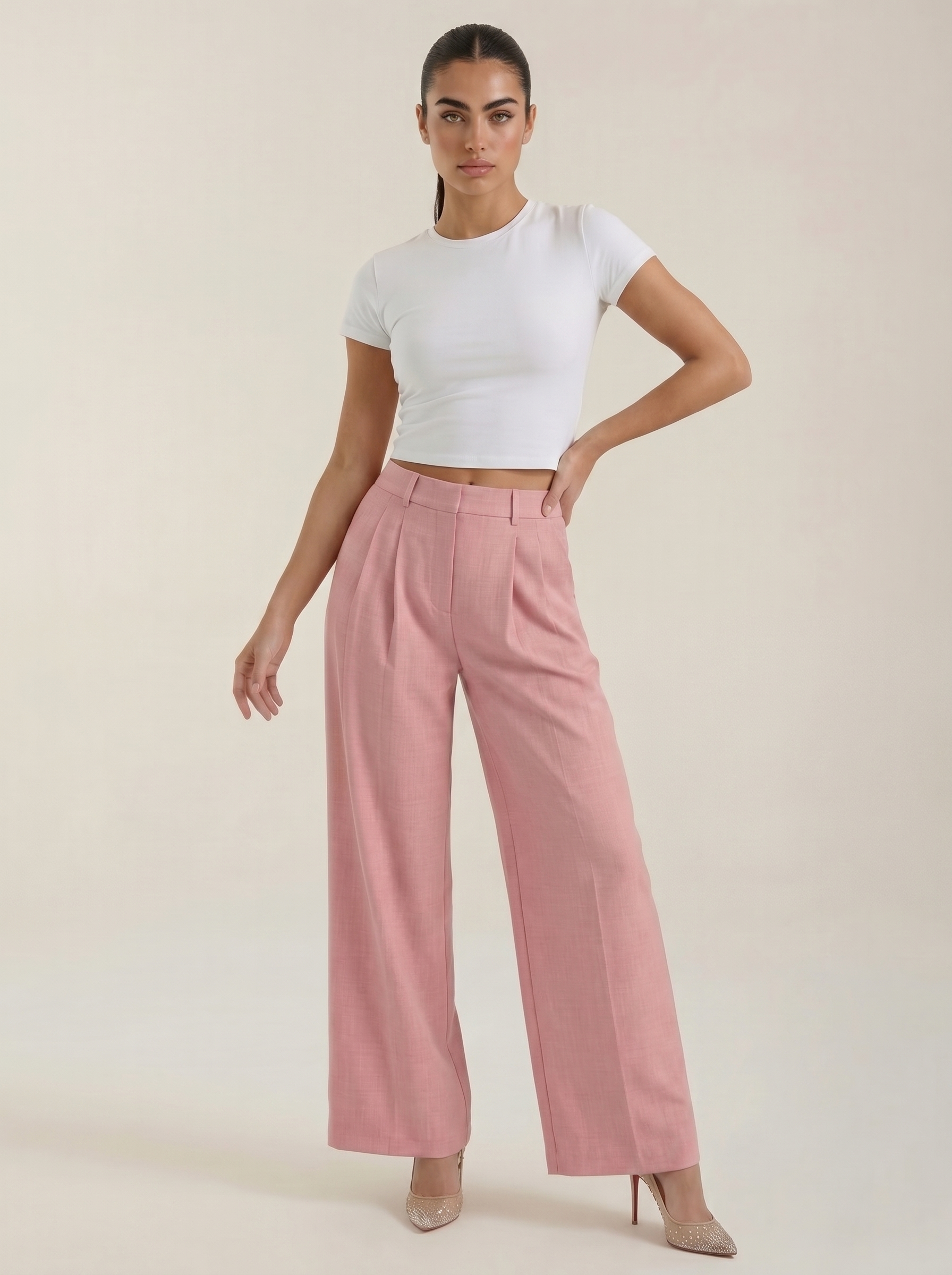 Wijde pantalon met hoge taille en plooien, roze kleur, rechte wijde pijpen