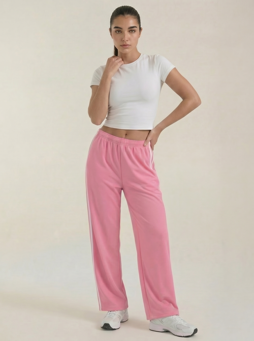 Roze wijde joggerbroek voor dames met zijstrepen en elastische taille, trekkoord