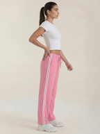 Roze wijde joggerbroek voor dames met zijstrepen, elastische taille en trekkoord
