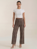 Dames pantalon met hoge taille, bruin geruit, wijde pijpen en steekzakken