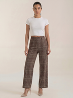 Dames pantalon met hoge taille, bruin geruit, wijde pijpen en steekzakken