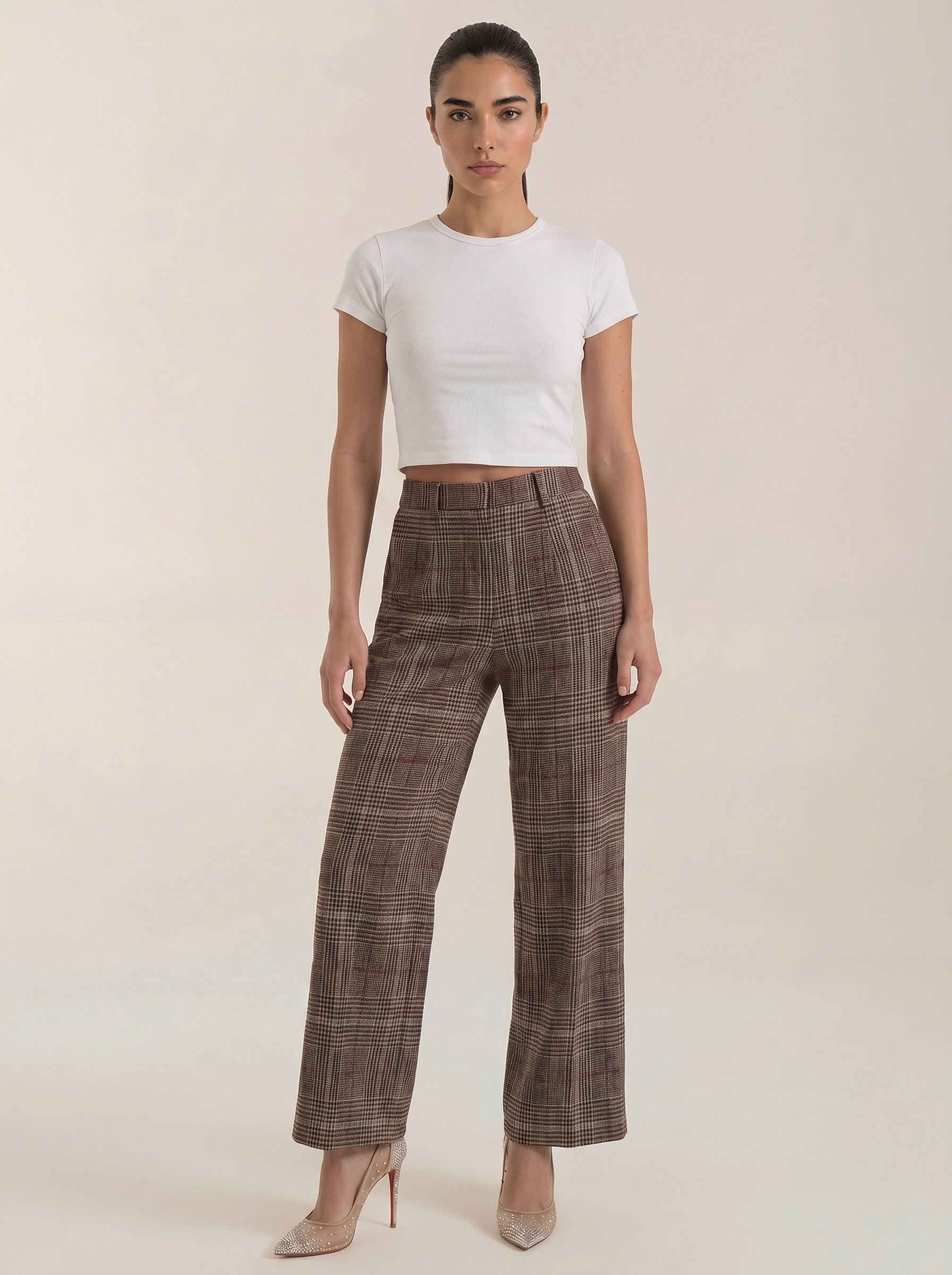 Dames pantalon met hoge taille, bruin geruit, wijde pijpen en steekzakken