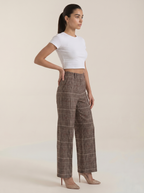 Dames pantalon met hoge taille, bruin geruit, wijde rechte pijpen en tailleband