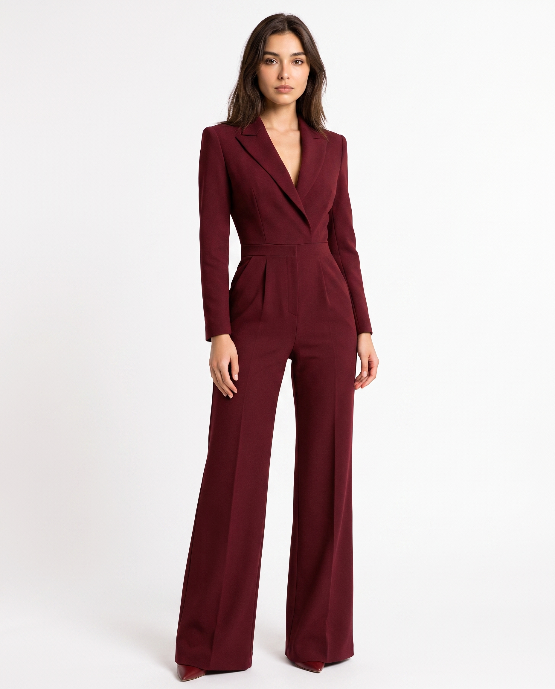 Bordeauxrode jumpsuit met V-hals, lange mouwen en wijde broekspijpen