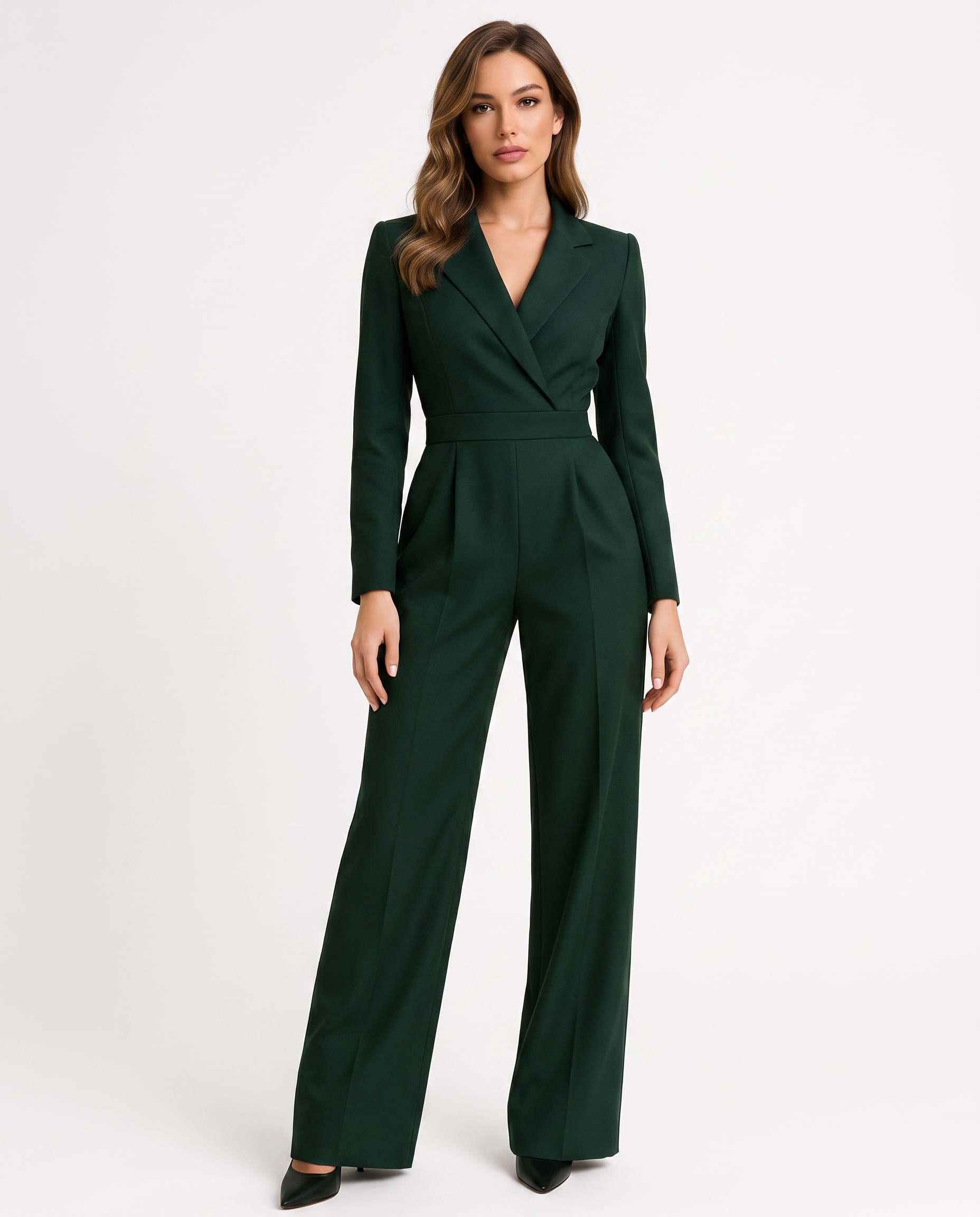 Groene jumpsuit met V-hals, lange mouwen en wijde broekspijpen