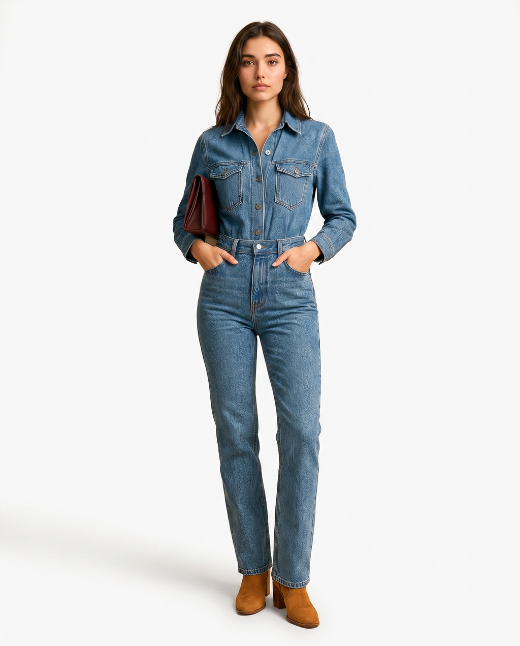 Blauwe denim jumpsuit voor dames met rechte pijpen, knopen en riemlussen