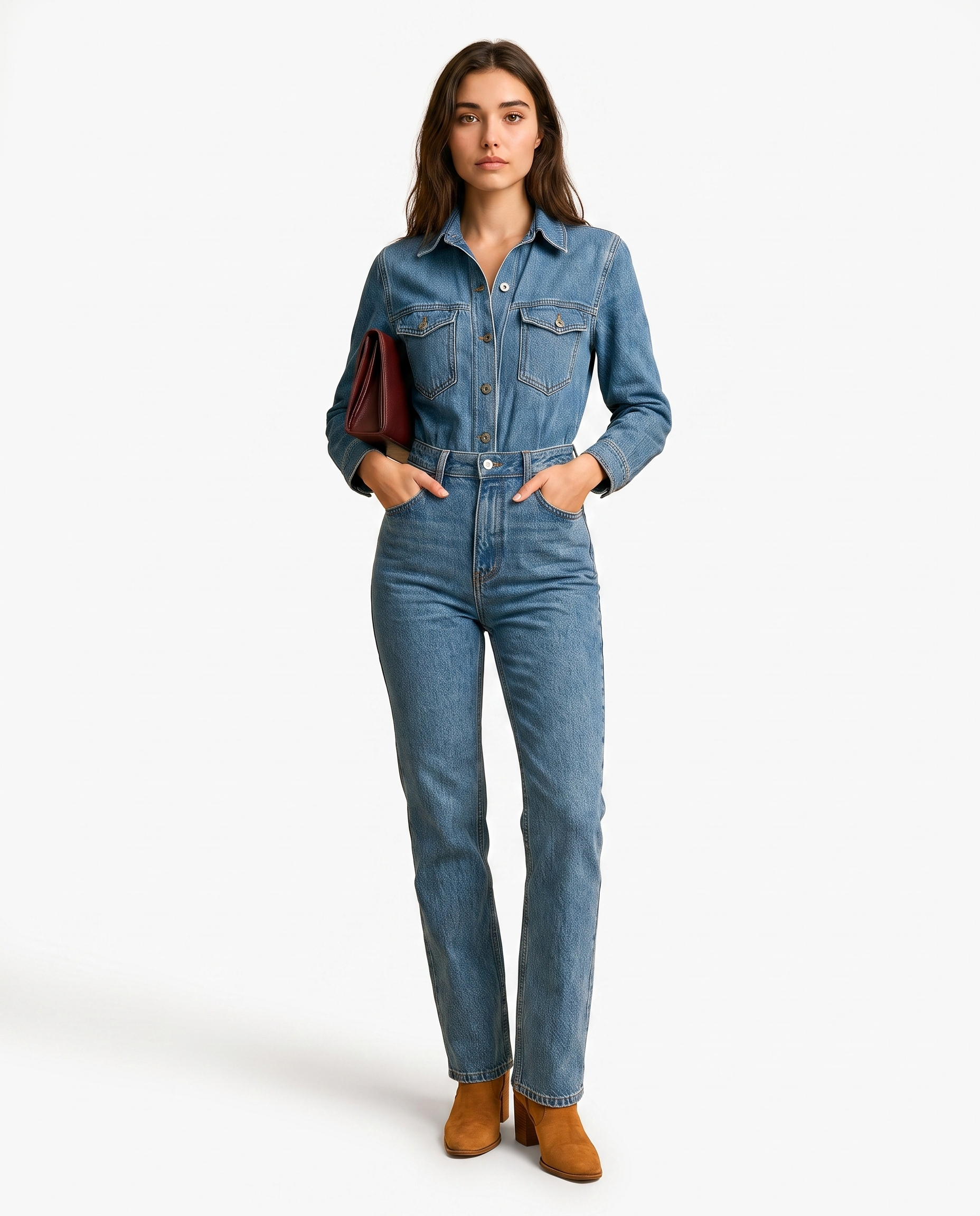 Blauwe denim jumpsuit voor dames met rechte pijpen, knopen en riemlussen