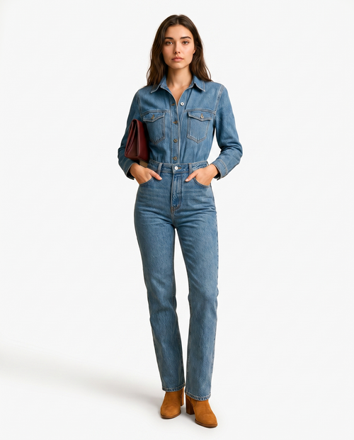Blauwe denim jumpsuit voor dames met rechte pijpen, knopen en riemlussen