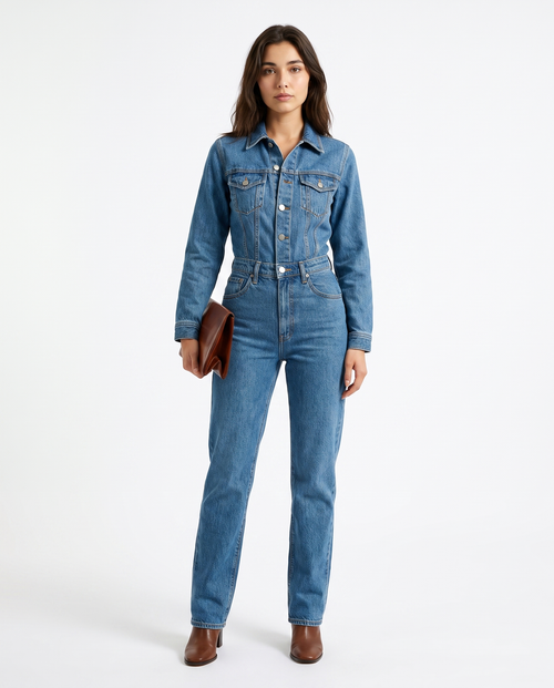 Blauwe denim jumpsuit met rechte pijpen, borstzakken met knopen en riemlussen