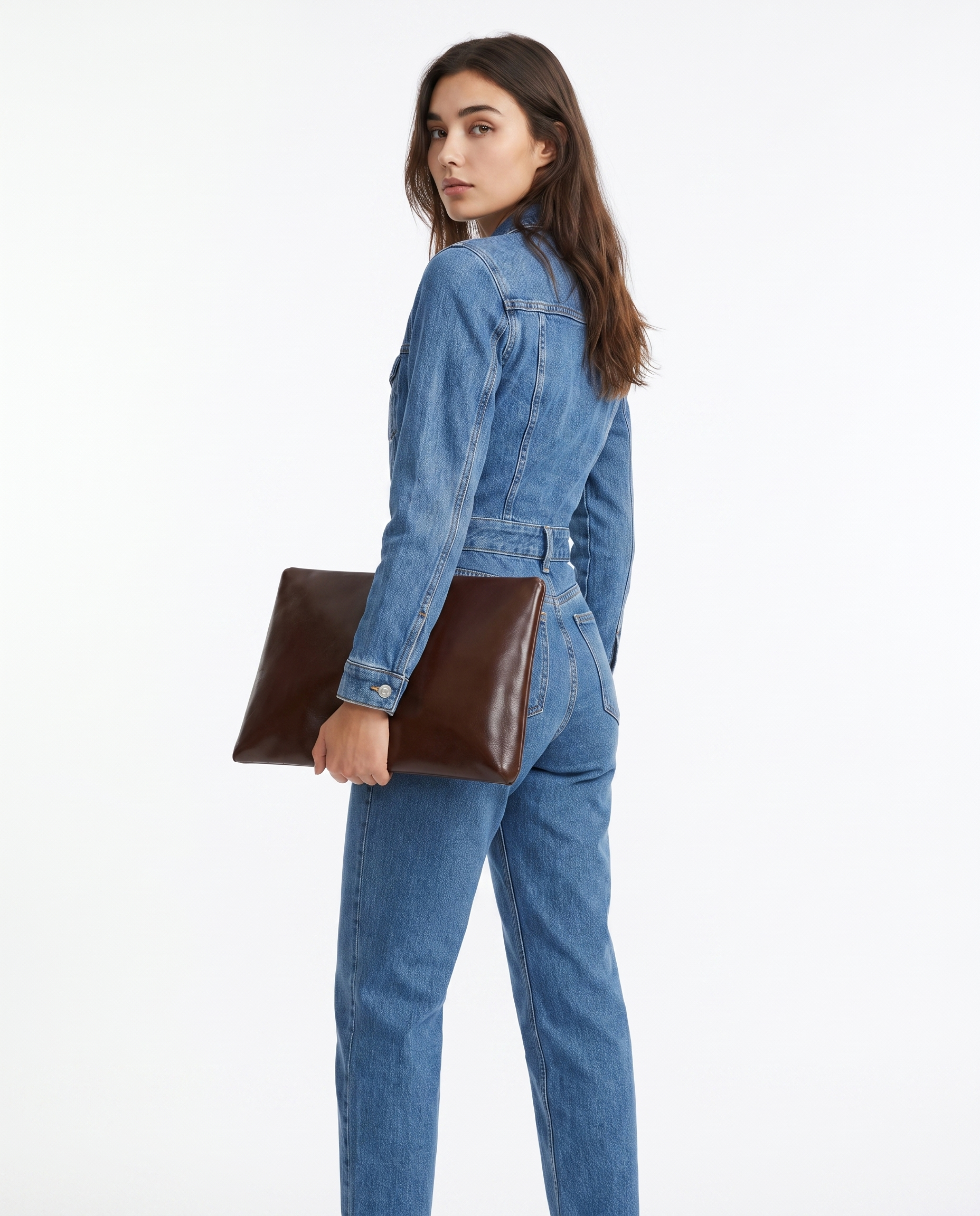 Blauwe denim jumpsuit met rechte pijpen, lange mouwen en knoopsluiting aan de voorkant