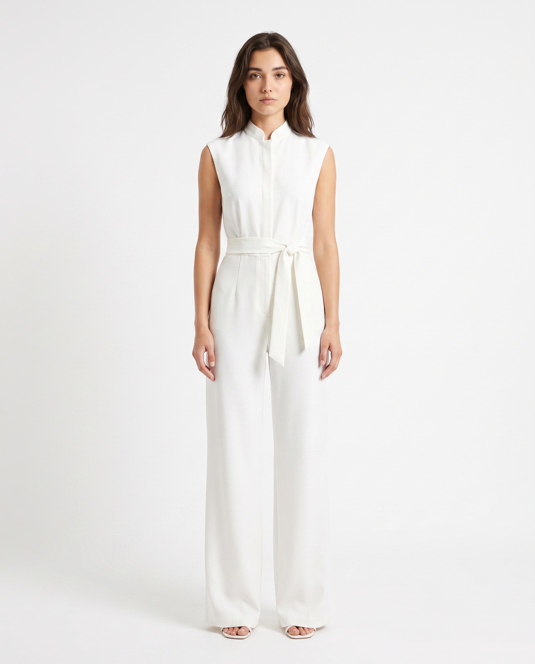 Witte mouwloze jumpsuit met ceintuurstrik en wijde broekspijpen, opstaande kraag